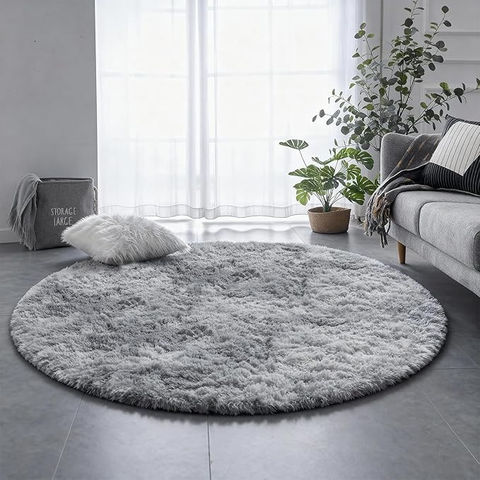 Amdrebio Tie-Dyed Light Grey Round Rugs for Living Room, 8x8 Rug, Extra Large Circle Area Rug for Bedroom, Soft Fluffy Carpet, Modern Floor Circular Rug, Big Shaggy Farmhouse Rug for Apartment