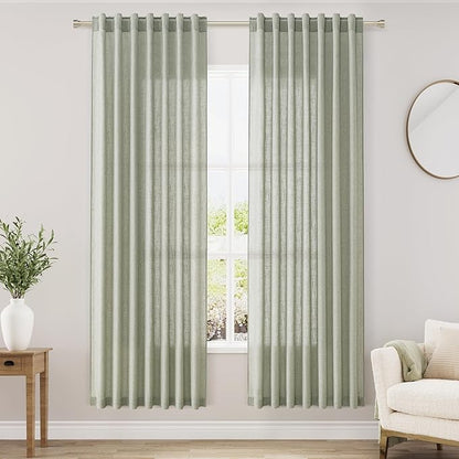 Nanspring Sage Green Semi Sheer Curtains 72 Inches Long 2 Panels Set for Bedroom Back Tab Rod Pocket Light Filtering Drapes Cotton Linen Textured Pale Green Farmhouse Living Room Curtain 52X72 Inch