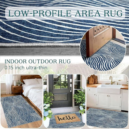 Modern Outdoor Rug - 28" x 43" Front Door Mat Indoor Outside Entrance Non-Slip Washable Outdoor Mat Navy Blue White Ocean Waves Rug for Entryway Kitchen Bedroom Layered Doormat for Front Porch