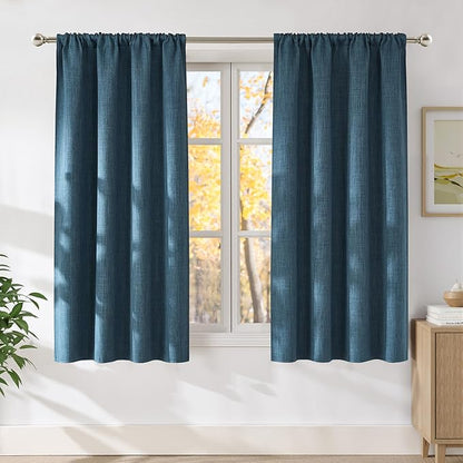NICETOWN Stone Blue Faux Linen Room Darkening Rod Pocket Curtains 63 inch Length, W42 x L63, Light Blocking Thermal Insulated Noise Reducing Drapes for Bedroom Living Room Farmhouse Decor, 2 Panels