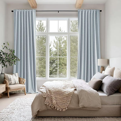 MIULEE 100% Blackout Linen Curtains for Bedroom, Chambray Blue Solid Luxury Decor Thermal Insulation Room Darkening Drapes for Living Room Nursery Back Tab Rod Pocket 42 x 72 Inches, 2 Panels