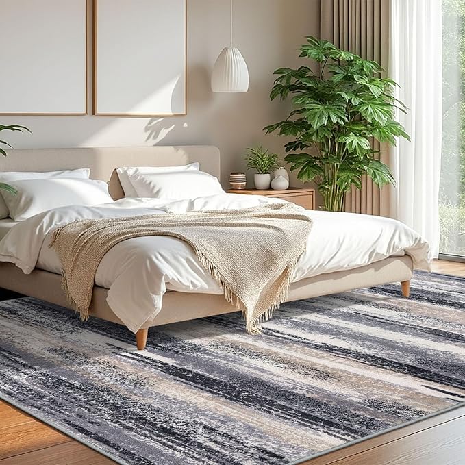 Lansny Modern Abstract 8x10 Large Machine Washable Living Room Rug Non-Slip Soft Bedroom Area Rug Grey Black Multi Ultra Thin Print Faux Wool Carpet Throw Rugs for Nursery Playroom Dining Room Indoor