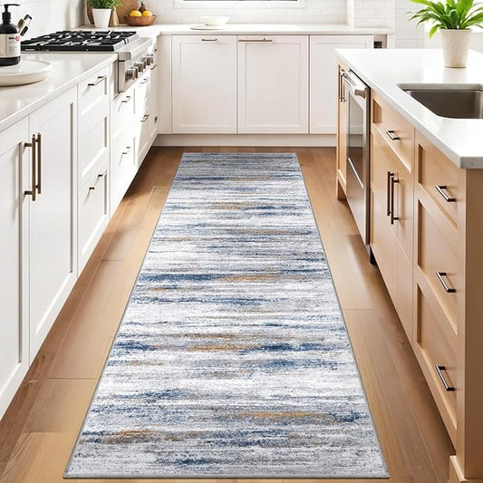 3x10 Washable Runner Rug for Family: Easy-to-Clean Runners for Hallway Entryway Bedroom - Stain and Water Resistant Rugs with Non-Slip Backing - Soft Low-Pile Carpet 10ft Navy Grey