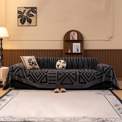 HANDONTIME Dark Grey Sofa Cushion Covers Boho Couch Sofa Covers Short Plush Couch Cover for Sofa Shu Velveteen Couch Sofa Slipcover for Pets Black Geometric Sofa Cover Washable Warm Soft, 71" X150"