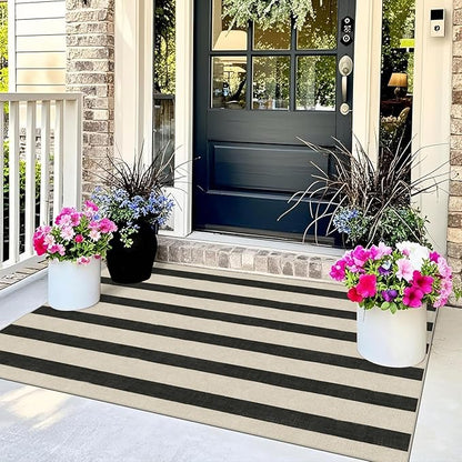 Black and White Striped Entry Rug - 3x5 Ft Washable Indoor Outdoor Front Door Mat Outside Entrance Front Porch Mat Non-Slip Floor Carpet for Bedroom Entryway Kitchen Office Porch Decor