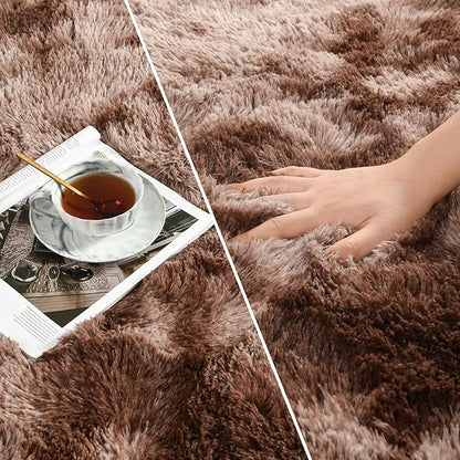 Deerhoo Large Shag Area Rugs 9 x 12, Tie-Dyed Plush Fuzzy Rugs for Living Room, Ultra Soft Fluffy Furry Rug for Bedroom, Indoor Carpet Nursery Rugs for Kids Room Home Decor, Coffee