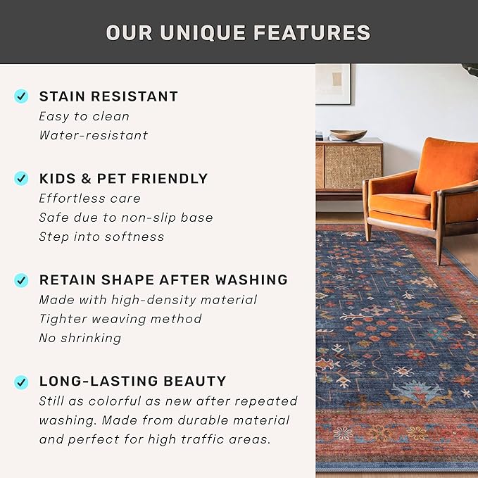 Washable Kitchen Rugs, 3x6 Area Rug for Large Entryway Indoor, Kitchen Mat, Small Rug for Living Room - Stain Resistant Non Skid Non Slip Rubber Backing, Boho Aethestic Décor (3x6 Navy Blue)
