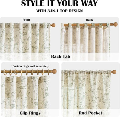 Lazzzy Green Floral Linen Curtains 96 Inch Farmhouse Back Tab Drapes for Living Room Bedroom Light Filtering Vintage Grandmillennial Rod Pocket Curtains, 2 Panels, W38 x L96, Green on Beige