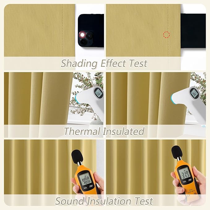 Guken Yellow 100% Blackout Linen Curtains 108 Inch Length 2 Panels Set for Living Room Bedroom Back Tab Thermal Insulated Black Out Drapes Room Darkening Farmhouse Window Curtains, 52x108