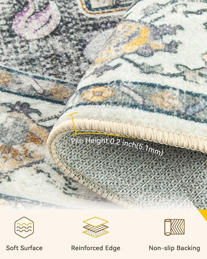 Area Rugs 5ft Washable Non-Slip, Floral Vintage Distress Print Pattern Medallion Carpet for Living Room Bedroom Dining Room, Light Yellow Carbon Grey Orange
