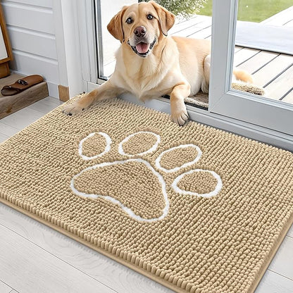 OLANLY Dog Door Mat for Muddy Paws 35x24, Paw Print Design, Absorbs Moisture and Dirt, Absorbent Non-Slip Washable Doormat, Quick Dry Chenille Mud Mat for Dogs, Entry Indoor Entryway Carpet, Beige