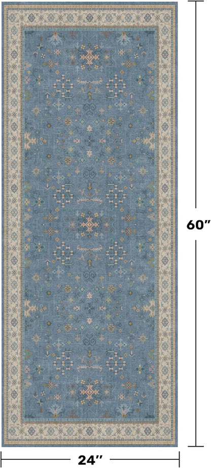 Hazo Haus Boho 2x5 Kitchen Rugs Non Slip - Washable Blue Runner Rug for Bedroom Beside Bed, Laundry Room, Hallway, Non Slip with Rubber Backing, Floral Eclectic Unique Runner Décor