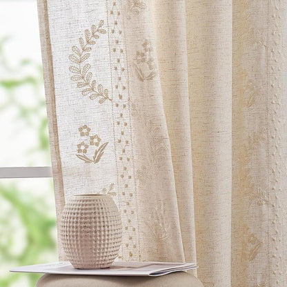 jinchan Belrose Linen Curtains for Bedroom Floral Curtains 84 Inch Length Linen Blend Ivory Embroidered Drapes Farmhouse Flower Patterned Drapes for Living Room Window Treatments Set 2 Panels