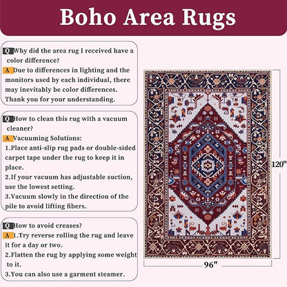 SERISSA Washable Rugs 8x10 Area Rugs, Large Non-Slip Boho Living Room Rug, Ultra Soft Oriental Vintage Burgundy Navy Print Distressed Carpet for Dining Room Bedroom Dorm Office Home Decor
