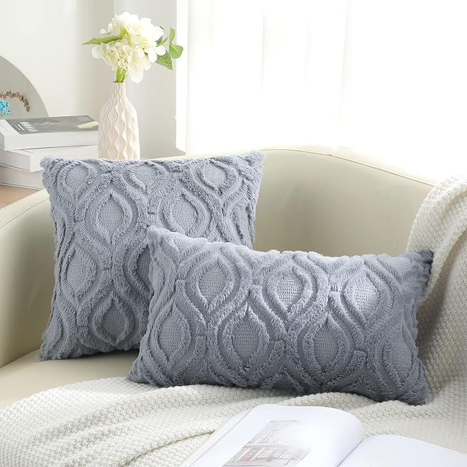 decorUhome Throw Pillow Covers 12x20 Inch Set of 2, Soft Plush Faux Wool Blue Grey Solid Couch Pillow Covers, Accent Farmhouse Neutral Rectangle Pillow Cases for Sofa Bed Living Room