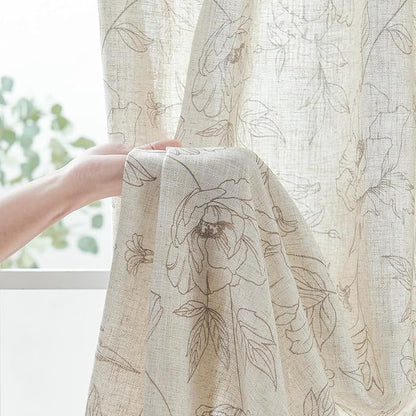 jinchan Floral Linen Curtains for Living Room 96 Inch Length Taupe Flower Curtain Rod Pocket Back Tab Farmhouse Curtains with Printed Floral Bedroom Window Curtain Set, 2 Panels Taupe