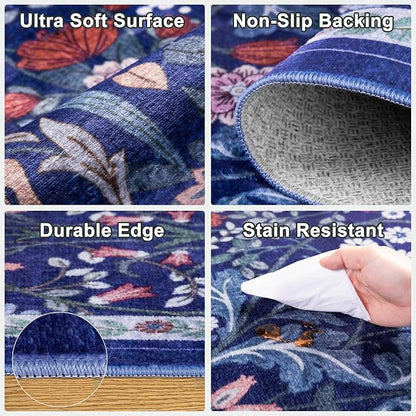 Round Area Rug for Living Room: 6 ft Floral Washable Circle Rug Soft Boho Non-Slip Carpet Indoor Stain Resistant Low Pile Small Circular Rug for Bedroom Entryway Kitchen Nursery Home Office Blue