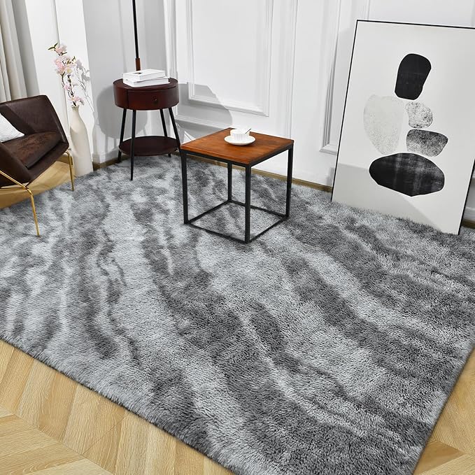 TWINNIS Super Soft Shaggy Rugs Fluffy Carpets, 6x9 Feet, Indoor Modern Plush Area Rugs for Living, Bed Room Kids Room Nursery Home Decor, Upgrade Anti-Skid Rectangular Fuzzy Rug, Grey Black