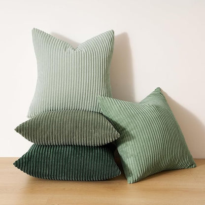 Topfinel LightGreen Boho CouchDecorative Throw Pillows Covers 18x18 Inch Set of 4,Olive Emerald Green Corduroy Soft Cushion Case,Rustic Fun Living Room Decor Green Gradient Cushion Covers(45×45cm)