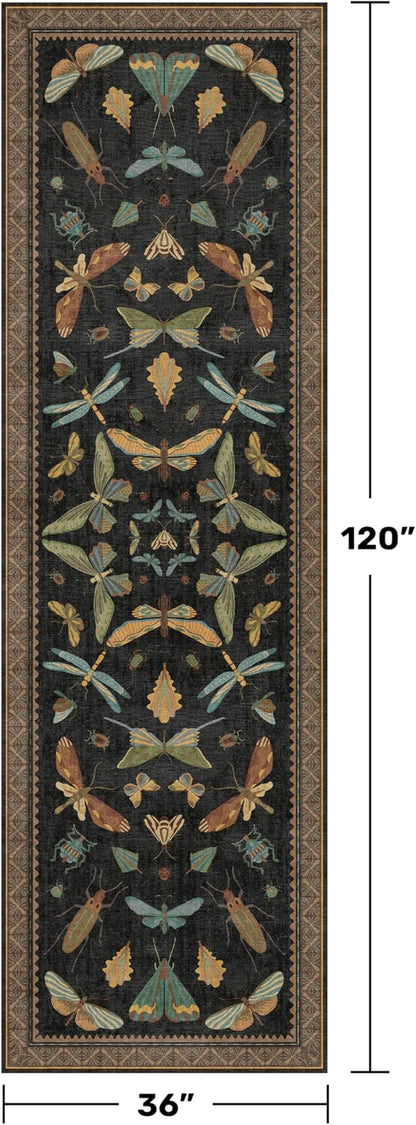 Green and Black 3x10 Wide Washable Runner Rugs for Hallway, Boho Insect Design Long Runner Rug for Kitchen Non Slip, Large Entryway Mats, Low Pile & Soft Stain Resistant Carpet