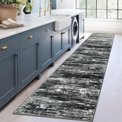 KOZYFLY Modern Abstract Washable Rug Runner 2.6x12 Hallway Rug Runner Non-Slip Soft Kitchen Runner Rugs, Black Grey Striped Carpet for Entryway Bathroom Laundry Room Foyer