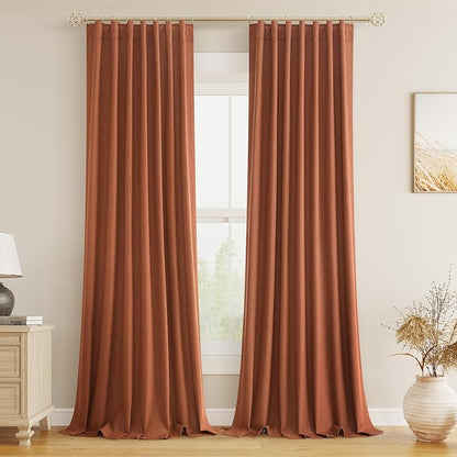 Guken Terracotta 100% Blackout Curtains 96 Inch Length 2 Panels Set Fall Curtains for Living Room Bedroom Back Tab Thermal Insulated Black Out Linen Drapes, 52x96
