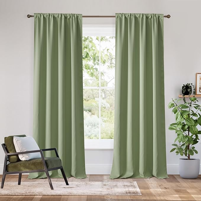 RYB HOME Bedroom Blackout Curtains 80 inches Long, 100% Blackout Thermal Insulated Noise Reducing Curtains for Living Room Nursury, 42 inches Wide by 80 inches Long, Sage Green
