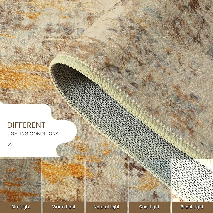 Ompaa Living Room Rug 8x10 Beige Area Rugs Machine Washable Abstract Boho Large Carpet Non-Slip Non-Shedding Faux Wool Indoor Vintage Rug for Bedroom, Classroom, Dining Room, Kids Playroom