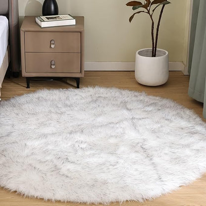Goolela Round Sheepskin Rugs 4ft Circle Fluffy Faux Fur Rug Shaggy Rug for Bedroom Dorm Living Room Plush Shag - White with Grey Tips