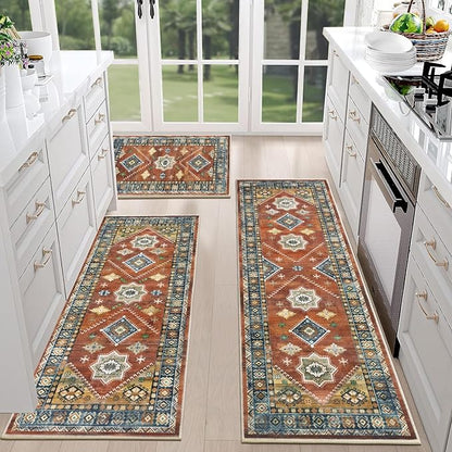 HEBE Boho Kitchen Rug Sets 3 Piece with Runner Non Slip Kitchen Rugs and Mats Washable Kitchen Mats for Floor Thick Kitchen Floor Mat Carpet Runner Rugs for Hallway Laundry Holiday Decor