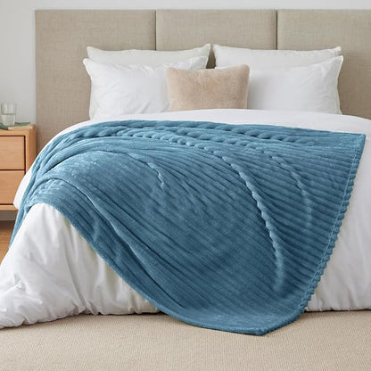 BEDELITE Twin Blanket for Couch & Bed, 300GSM Soft & Warm Fleece Blanket, Decorative and Giftable Striped Light Blue Blankets for Women, Men, 60"x80"