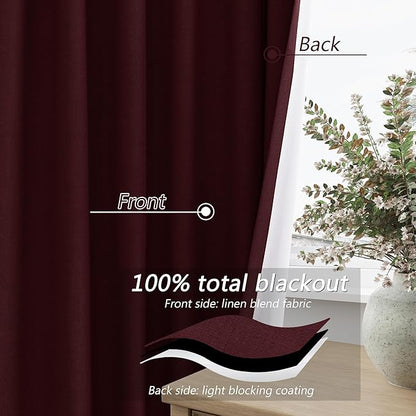 Guken 100% Blackout Curtains 120 Inch Length 2 Panels Set for Living Room Bedroom Back Tab Thermal Insulated Black Out Linen Drapes Room Darkening Window Curtains Burgundy 52x120