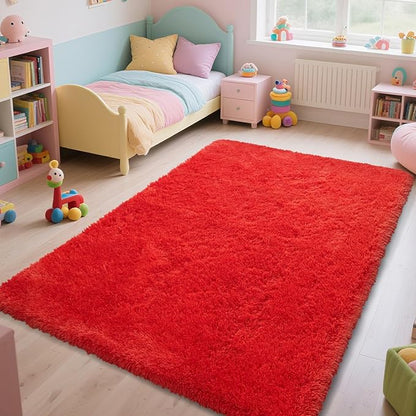 Red Shag Area Rugs for Bedroom Living Room,Ultra Soft Fluffy Christmas Area Rugs 5X8 for Dorm, Indoor Carpet Nursery Rugs for Kids Girls Room Home Decor