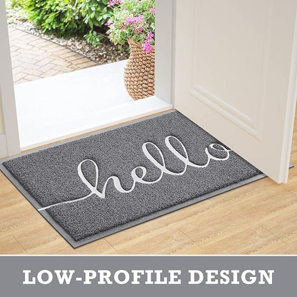 CozyBounty Door Mat Hello Mats Outdoor Indoor Non-Slip Doormat for Entryway Low-Profile Floor Mat for Yard, Garage, High Traffic Areas (32"x20", Grey)