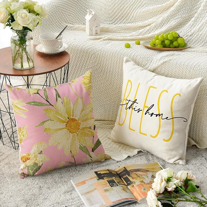 AVOIN colorlife Home Sweet Home Spring Summer Flowers Pink Throw Pillow Covers, 20 x 20 Inch White Cushion Case for Sofa Couch Set of 4