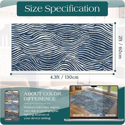 Front Door Mat Indoor Entrance - 2x4.3 Ft Modern Washable Layered Doormat Outdoor Entrance Porch Rug Non-Slip Abstract Blue White Waves Runner Rug for Kitchen Bedroom Laundry Room Porch Decor