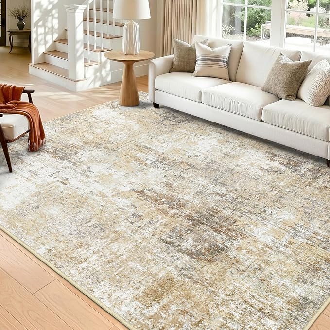 Washable Area Rugs 8'x10' Non-Slip Modern Abstract Soft for Living Room Entryway Bedroom Nursery, Print Pattern, Neutral Brown Gray