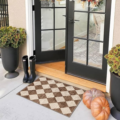 Front Door Rug - 2x3 Brown Beige Non-Slip Washable Doormat Indoor Outdoor Mat Outside Entrance Entry Rug Checkered Diamond Small Area Rugs for Entryway Bedroom Kitchen Front Porch Decor