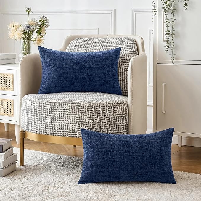 MIULEE Pack of 2 Couch Throw Pillow Covers 12x20 Inch Spring Soft Navy Chenille Lumbar Pillow Covers for Sofa Living Room Solid Dyed Cases