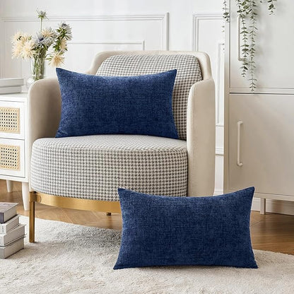 MIULEE Pack of 2 Couch Throw Pillow Covers 12x20 Inch Spring Soft Navy Chenille Lumbar Pillow Covers for Sofa Living Room Solid Dyed Cases
