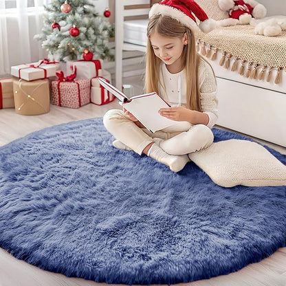OLANLY Denim Blue Round Rugs for Bedroom - Machine Washable, 4 ft Circle Area Rugs for Living Room, Soft and Fluffy Shaggy Carpet for Teen Girl and Boys, Nursery Rooms, Dorms, Home Decor Aesthetic