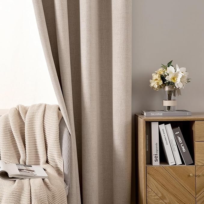 MIULEE 100% Blackout Linen Textured Curtains for Bedroom Solid Thermal Insulated Natural Beige Grommet Room Darkening Curtains & Drapes Luxury Decor for Living Room Nursery 52 x 95 Inch (2 Panels)