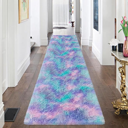 Super Soft Fluffy Living Room Area Rug 2x8 ft Purple Rainbow Tie-Dyed Shaggy Furry Carpet Washable Non-Slip Carpets Bedroom Bedside Nursery Rug Cute Colorful Room Decor for Girls