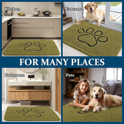 OLANLY Dog Door Mat for Muddy Paws 30x20, Paw Print Design, Absorbs Moisture and Dirt, Non-Slip Washable Doormat, Quick Dry Chenille Mud Mat for Dogs, Entry Indoor Entryway Carpet, Willow Green