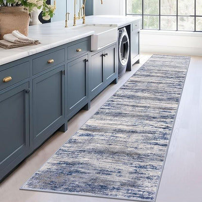 KOZYFLY Modern Abstract Washable Rug Runner 2.6x12 Hallway Rug Runner Non-Slip Soft Kitchen Runner Rugs, Grey-Blue Striped Carpet for Entryway Bathroom Laundry Room Foyer
