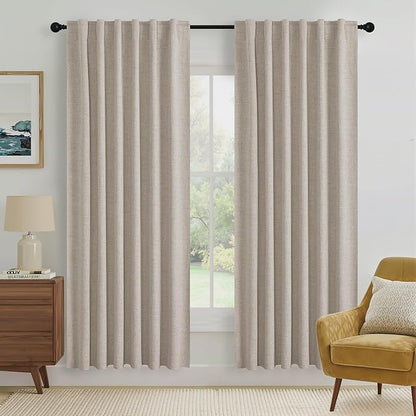 RYB HOME Natural Beige 100% Blackout Linen Curtains 72 inch Long, Thermal Insulated & Privacy Assurd Drapes for Bedroom/Office/Nursery, Rod Pocket & Back Tab Window Treatment, W52 X L72, 2 Panels
