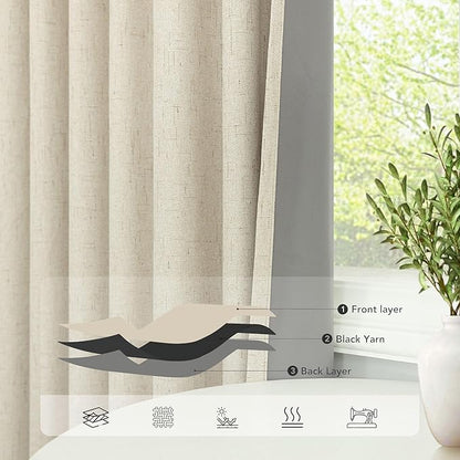 Black Out Curtains 108 Inch Long 2 Panel Set Burlap Primitive Cottage Linen Textured Total Blackout Patio Door Curtain for Living Room Darkening Soundproof Curtains for Bedroom 9ft Back Tab Tan Beige