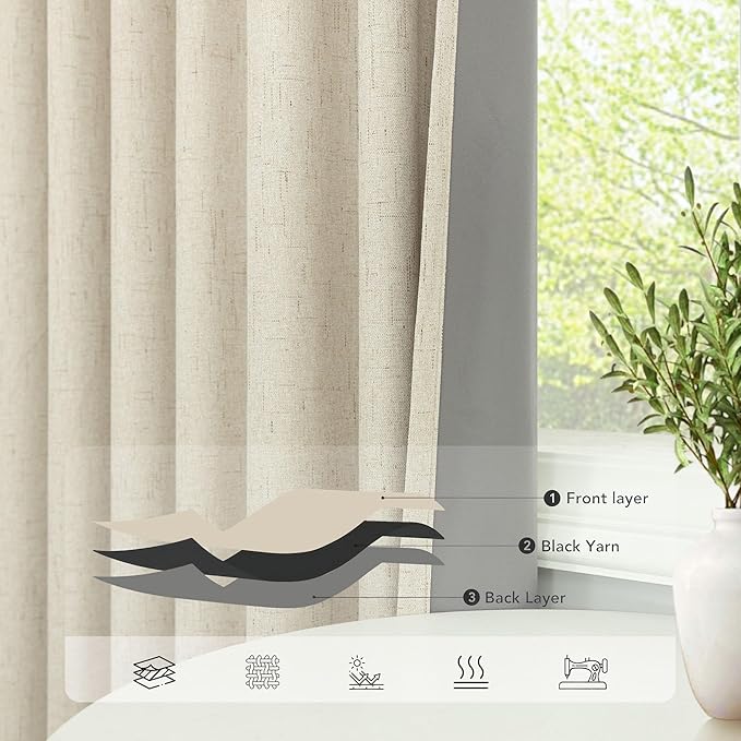 Burlap Colored Blackout Curtain 84 Inch Length 2 Panel Faux Linen Modern Farmhouse Living Room Darkening Curtain for Bedroom Window Black Out Drape for Sliding Glass Door Back Tab 7ft Long 52x84 Beige