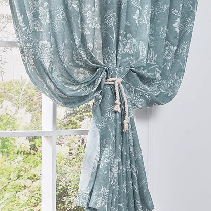 jinchan Linen Floral Curtains for Living Room, 96 Inch Length Curtains with Printed Flower Light Filtering Curtain, Rod Pocket Back Tab Blue Window Treatment Set Bedroom Curtain, 2 Panels Blue