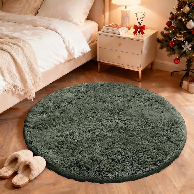 OLANLY Olive Green Round Rugs for Bedroom - Machine Washable, 4 ft Circle Area Rugs for Living Room, Soft and Fluffy Shaggy Carpet for Teen Girl and Boys, Nursery Rooms, Dorms, Home Decor Aesthetic